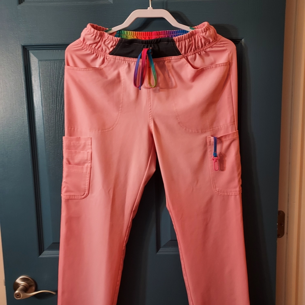 Pink Scrub Pants with Multicolor Rainbow Drawstring Size Small - Picture 3 of 11